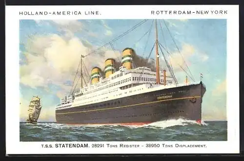 Künstler-AK T.S.S. Statendam der Holland-Amerika-Linie auf hoher See passiert ein Segelschiff