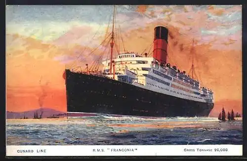 Künstler-AK Passagierschiff Britisches Passagierschiff RMS Franconia der Cunard Line im Abendrot