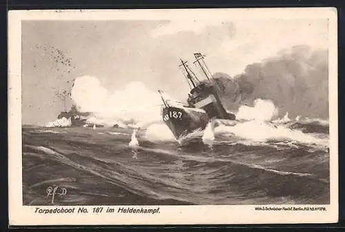 Künstler-AK Torpedoboot No. 187 im Heldenkampf