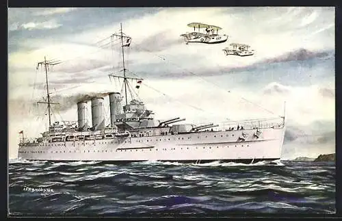 Künstler-AK Kriegsschiff HMS Sussex mit Wasserflugzeugen