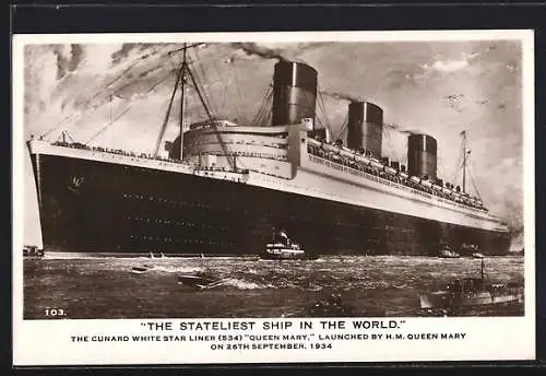 AK Queen Mary fährt unter Dampf neben Schiffen, Cunard White Star Line, Passagierschiff