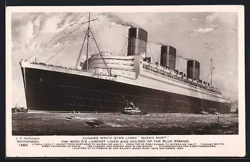 Künstler-AK Cunard White Star Lines, das Passagierschiff Queen Mary von kleinen Schiffen begleitet