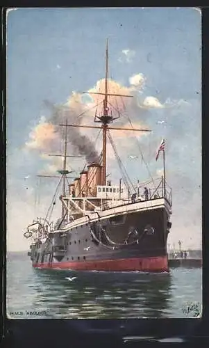 Künstler-AK Kriegsschiff, H.M.S. Aboukir unter Dampf im Hafen