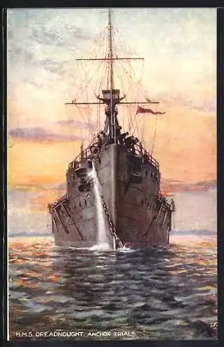 Künstler-AK Britisches Kriegsschiff HMS Dreadnought, Bugansicht in der Dämmerung