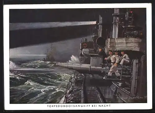 Künstler-AK Kriegsmarine, Torpedobootsangriff bei Nacht