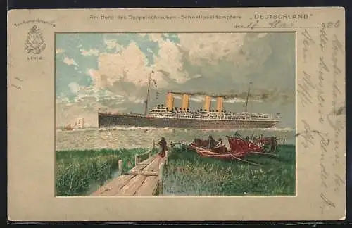 Lithographie Passagierschiff Deutschland vom Ufer aus gesehen