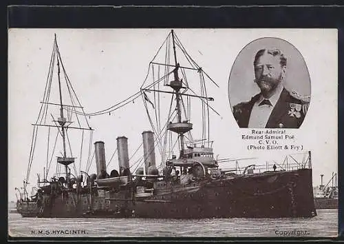 AK Kriegsschiff H. M. S. Hyacinth im Hafen, Rear-Admiral Edmund Samuel Poe, C. V. O.