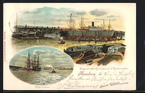 Lithographie Hamburg, Passagierschiff Pensylvania im Baakenhafen