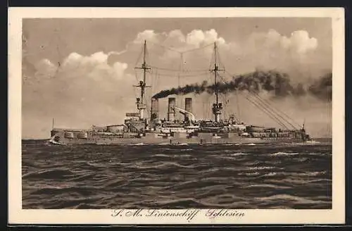 AK SM Linienschiff Schlesien in Fahrt