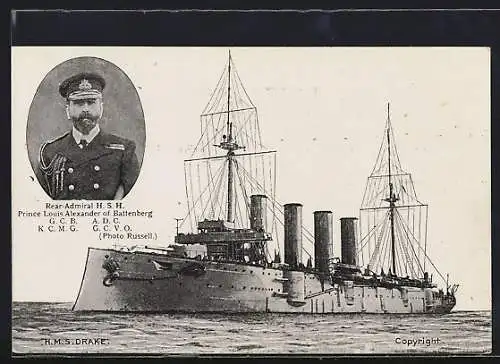 AK H.M.S. Drake auf hoher See, Portrait Rear-Admiral H.S.H. Prince Louis Alexander of Battenberg