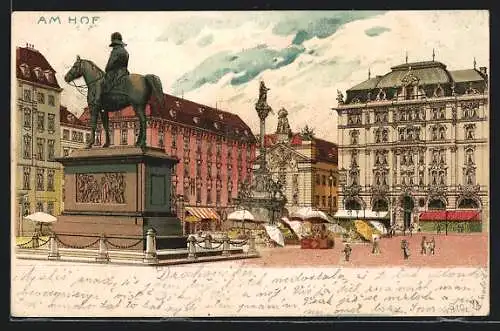 Lithographie Wien, Partie am Hof mit Reiter- und Säulendenkmal