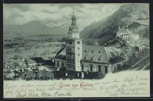 Mondschein-AK Hallein, Panorama mit Rathaus