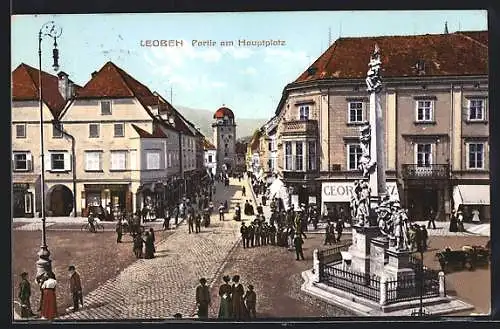 AK Leoben, Hauptplatz mit Geschäften und Denkmal