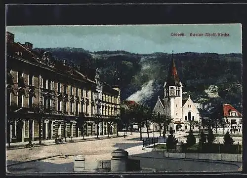 AK Leoben, Gustav-Adolf-Kirche mit Strassenpartie