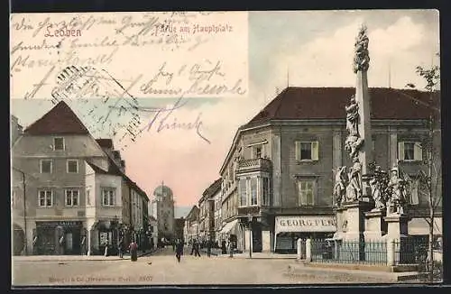 AK Leoben, Hauptplatz mit Geschäften und Denkmal