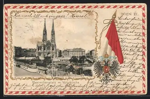 Präge-AK Wien, Maximilianplatz mit Votivkirche, Fahne und Wappen