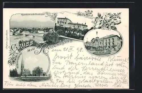 AK Rosenheim, Ortsansicht mit der Innbrücke, Marienbad, Kaiserbad, Prot. Kirche mit Pfarrhof