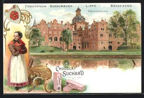 Lithographie Bückeburg /Schaumburg-Lippe, Das Residenzschloss, Reklame für Chocolat Suchard