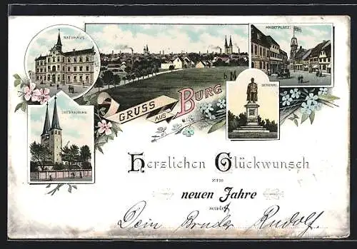 Lithographie Burg / M., Gesamtansicht, Rathaus, Unterkirche, Denkmal, Marktplatz