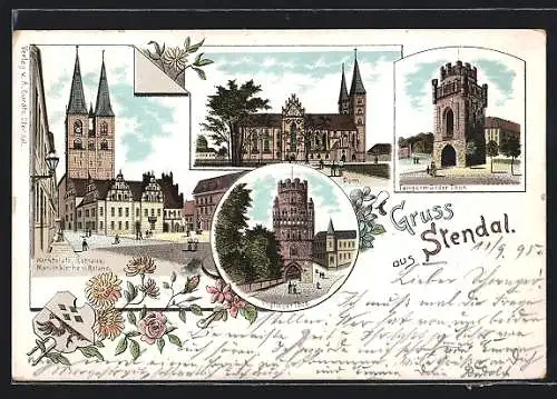 Lithographie Stendal, Tangermünder Tor, Dom, Ünglinger Tor