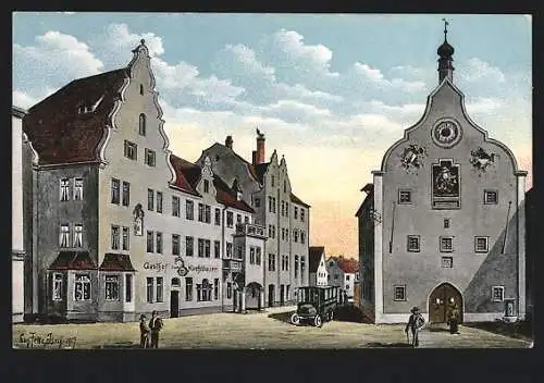 Künstler-AK Abensberg / Hallertau, Gasthof Kuchlbauer M. Salleck mit Strasse und Rathaus