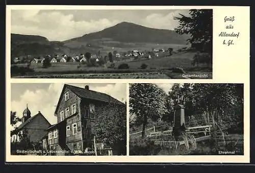 AK Allendorf b. Gl., Gasthaus und Lebensmittel von Wilh. Jacobi, Ehrenmal