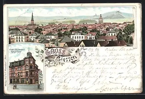 Lithographie Giessen, Hotel-Restaurant Kaiserhof, Totalansicht