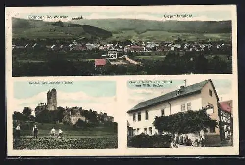 AK Edingen /Kr. Wetzlar, Gasthaus zum Dilltal W. Becker, Ruine Greifenstein, Gesamtansicht