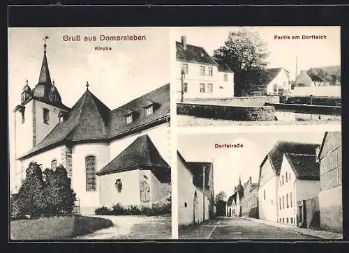 AK Domersleben, Dorfstrasse, Dorfteich-Partie, Kirche