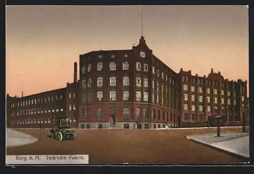 AK Burg b. M., Tack`sche Fabrik mit Auto