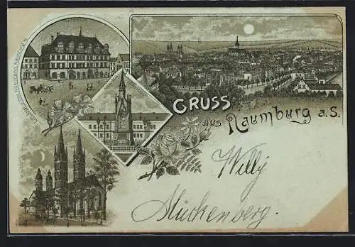 Mondschein-Lithographie Naumburg a. S., Dom, Krieger-Denkmal, Totalansicht