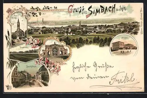 Lithographie Simbach a. Inn, Bahnhof, Hauptstrasse, Innbrücke, Portal d. Innbrücke, Pfarrkirche