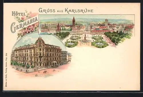 Lithographie Karlsruhe, Hotel Germania, Stadtpanorama