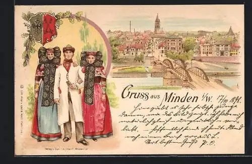 Lithographie Minden / Westf., Panoramablick auf die Stadt, Mindener Trachten