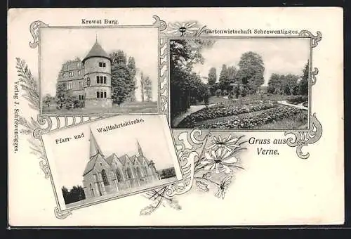 AK Verne, Gasthaus Gartenwirtschaft Schrewentigges, Krewet Burg, Kirche
