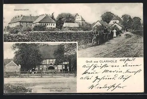 AK Clarholz, Gasthaus-Handlung Chr. Rugge, Ortsansicht mit Eingangsstrasse u. Radfahrern