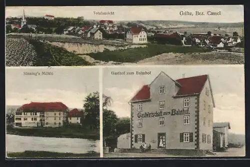 AK Grifte /Bez. Cassel, Gasthof zum Bahnhof, Sinnings Mühle, Totalansicht