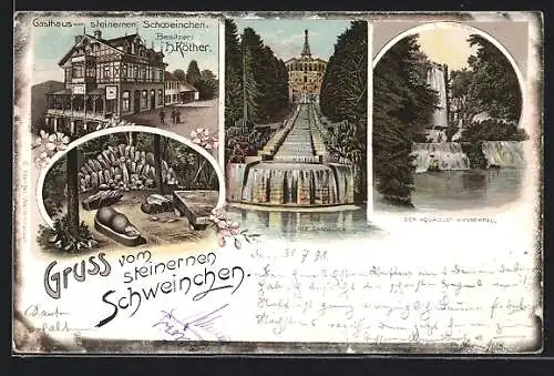 Lithographie Kassel, Gasthaus zum steinernen Schweinchen, Cascade, Aquaduct-Wasserfall