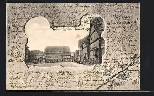 Passepartout-AK Wolfhagen, Marktplatz mit Geschäftshaus, Blühender Zweig