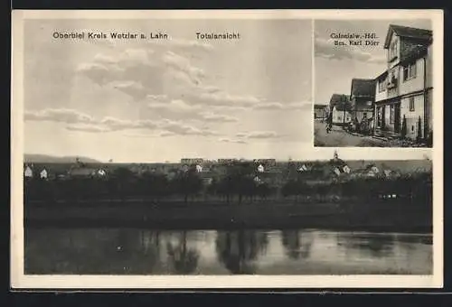 AK Oberbiel /Wetzlar, Gesamtansicht vom Wasser aus, Colonialwaren-Handlung von Karl Dörr