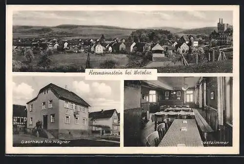 AK Hermannstein bei Wetzlar, Gesamtansicht, Gasthaus Nik. Wagner mit Gastzimmer
