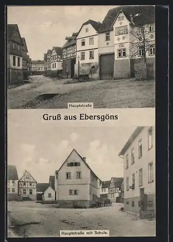 AK Ebersgöns, Die Hauptstrasse mit Fachwerkhäusern und der Schule