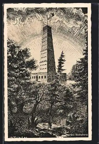Künstler-AK Escheburg, Die Escheburg mit 