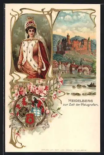 Lithographie Heidelberg / Neckar, Zur Zeit der Pfalzgrafen, Prinzessin Liselotte von der Pfalz