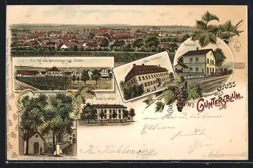 Lithographie Guntersblum, Bahnhof, St. Julianenbrunnen mit Eichhaus, Kellerweg von Süden