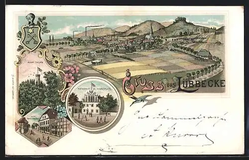 Lithographie Lübbecke, Hotel Deutsches Haus, Rathaus m. Marktplatz, Wart Turm