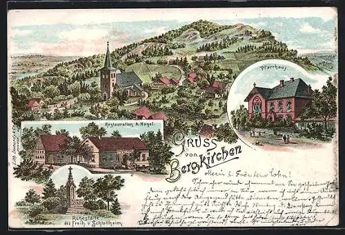 Lithographie Bergkirchen / Bad Oeynhausen, Pfarrhof, Restaurant v. A. Nagel, Ruhestätte des Freiherren v. Schlottheim