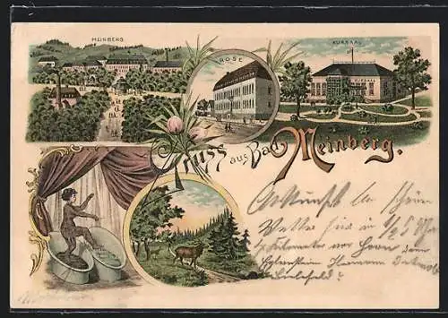 Lithographie Bad Meinberg, Hotel Rose, Kursaal, Frau im Schlammbad