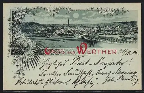 Mondschein-Lithographie Werther / Westfalen, Ortsansicht mit Kirche