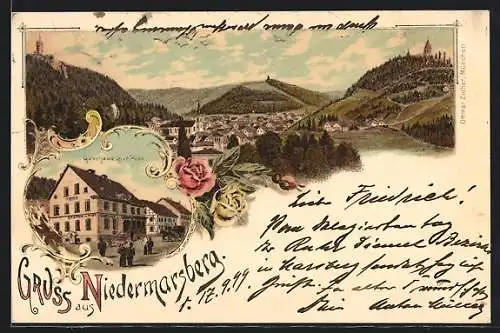 Lithographie Niedermarsberg, Gasthaus zur Post, Ortsansicht